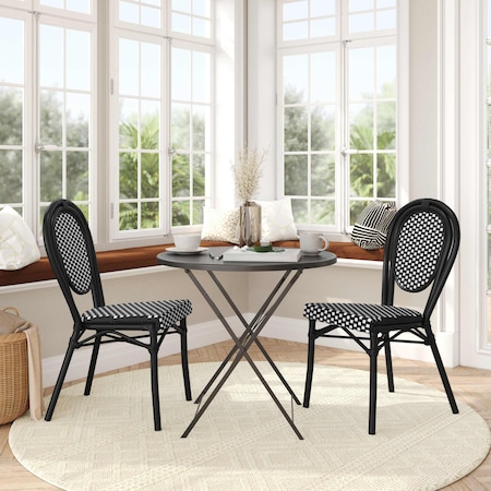 Flash Furniture Lourdes Thonet French Bistro Stacking Chair, Black and White PE Rattan and Black Alum Frame, 2PK 2-SDA-AD642002S-BKWH-BK-GG